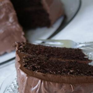 A slice of Chocolate Buttermilk Cake on a plate