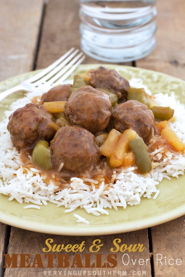 Sweet and Sour Meatballs in a sweet and sour sauce with pineapple and green pepper served over rice.