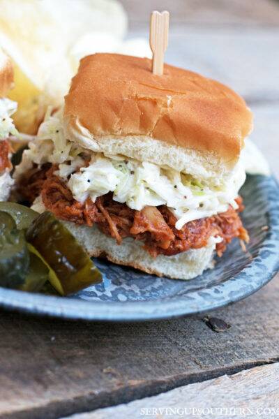 Slow Cooker BBQ Chicken Sliders served on a plate.