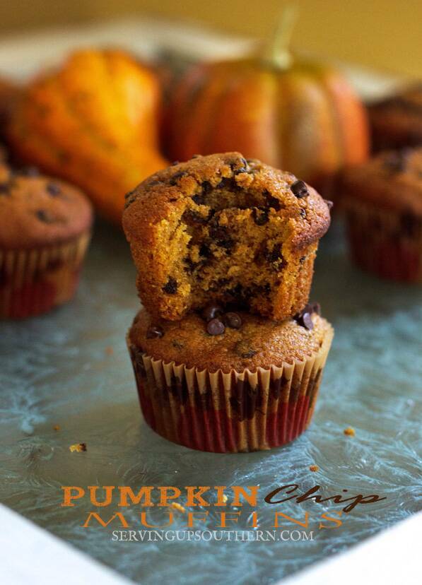 Pumpkin chocolate chip muffins on a glass surface.