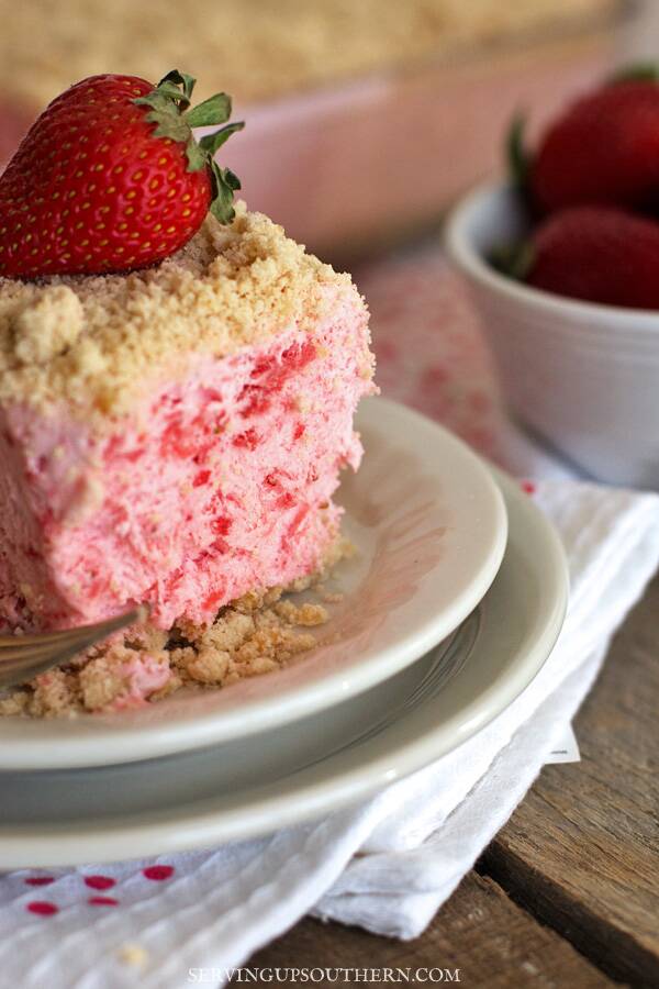 Frosty Strawberry Squares via Serving Up Southern