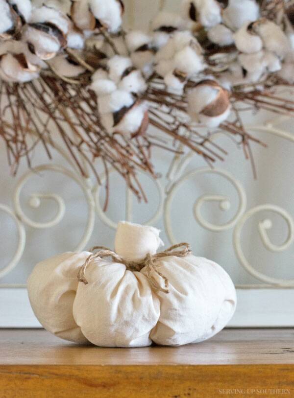 Pumpkin sitting on a wooden tabletop with a cotton wreath in the background.