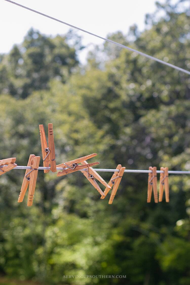 Twelve clothespins pinned on a line with trees in the background.