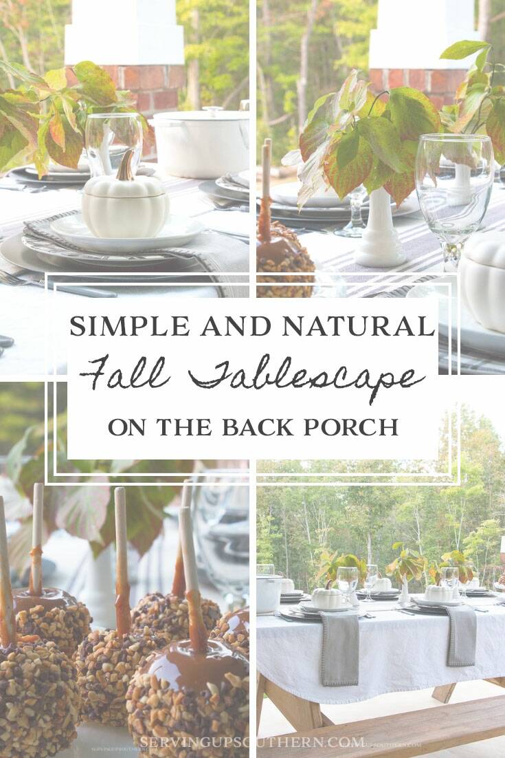 A collage of images of a table on a back porch decorated with fall decor.