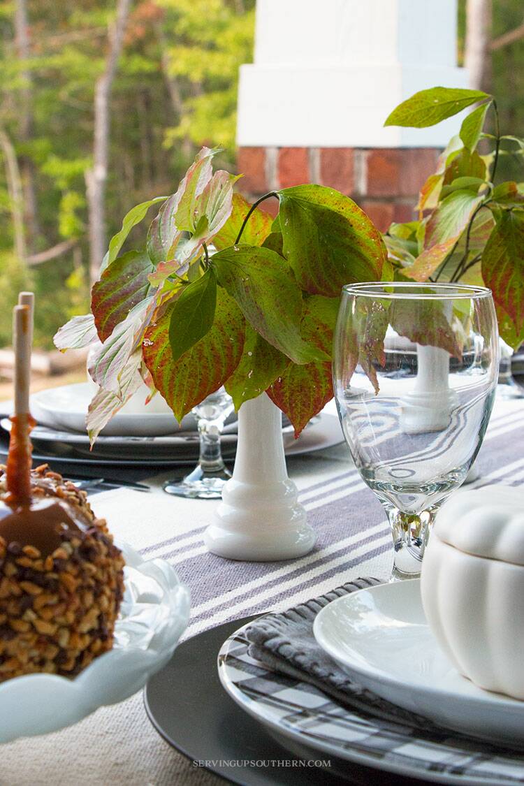 Table decorated for fall on a back porch.