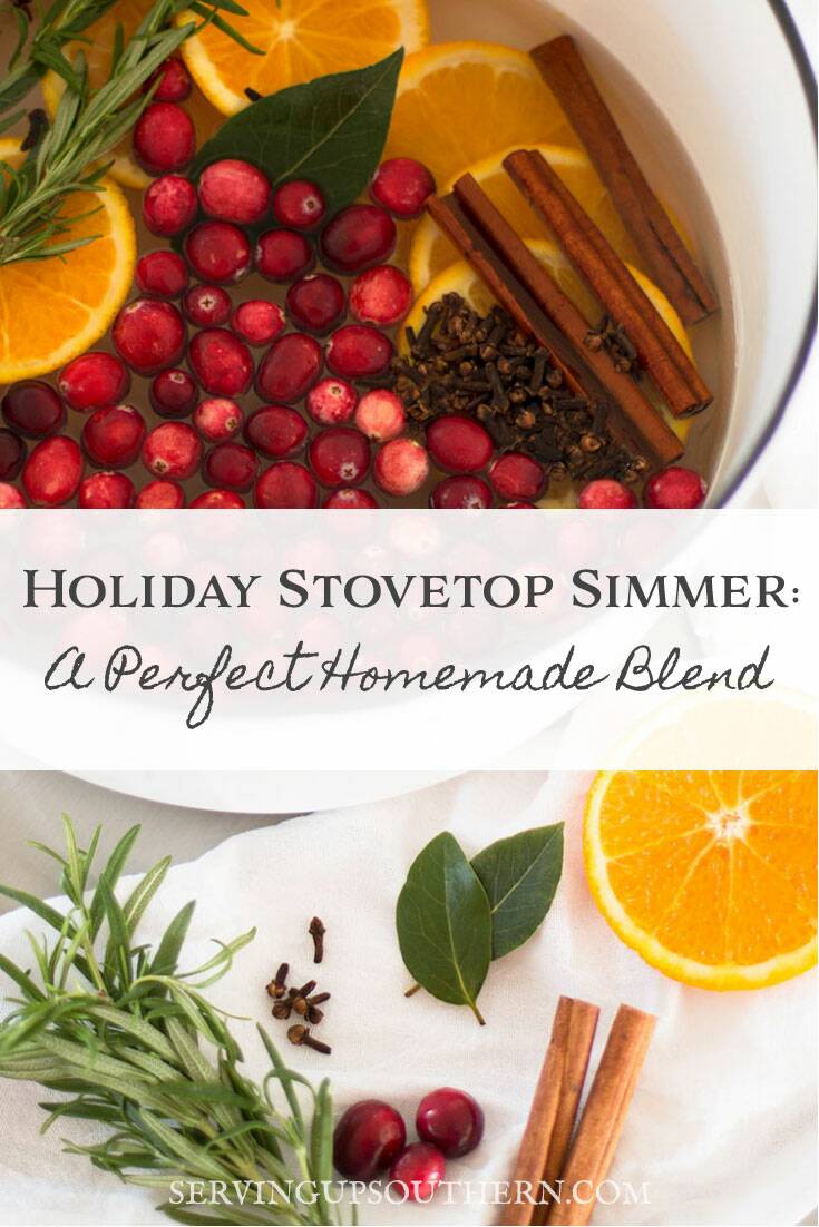 Holiday Stovetop Simmer: A Perfect Homemade Blend - Sliced oranges, cranberries, cinnamon, cloves, rosemary twig, and bay leave on a counter with a white pot in the background.