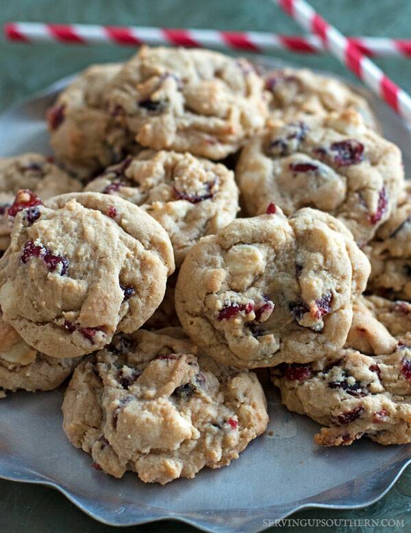 White Chocolate Cranberry Cookies on a pretty platter.