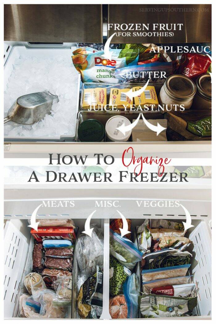 Collage of a freezer with organized contents.