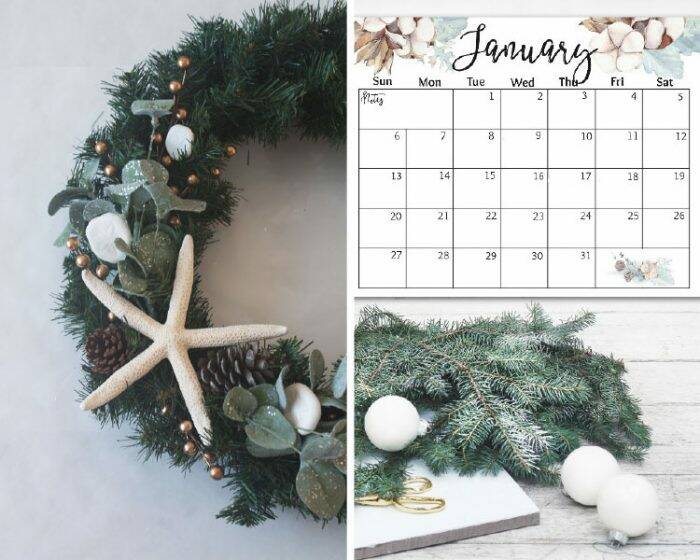 Collage picture of a winter coastal wreath and a free watercolor printable calendar.