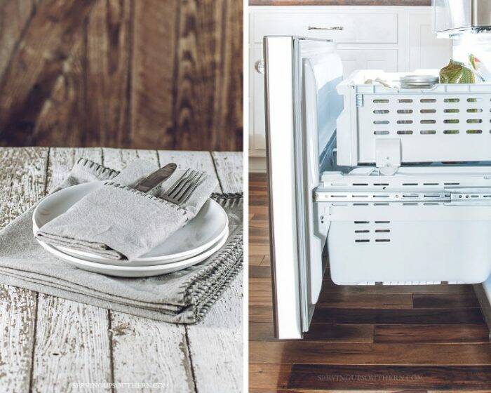 A collage picture of a place setting on a white wooden board and a freezer drawer pulled out and organized.