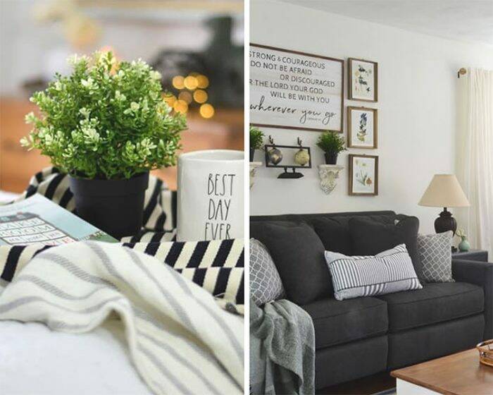 homestyle gathering 1 photos of living room with sofa and decor and linens with greenery and coffee mug that says best day ever