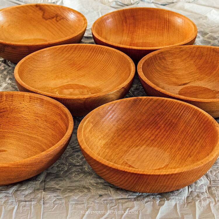 Wooden salad bowls that have been sanded and rubbed with tung oil..