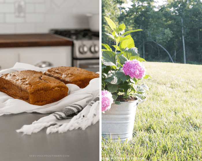 Two picture collage of banana bread and a galvanized container of hydrangeas