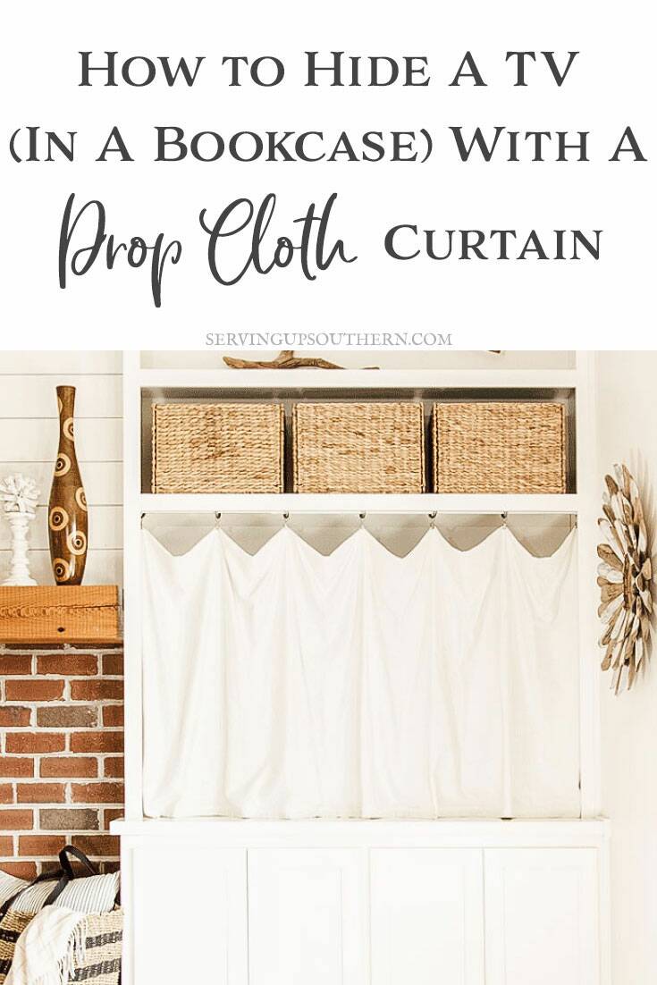 Pinterest graphic of a bookcase with a hidden tv covered by a hanging drop cloth curtain.