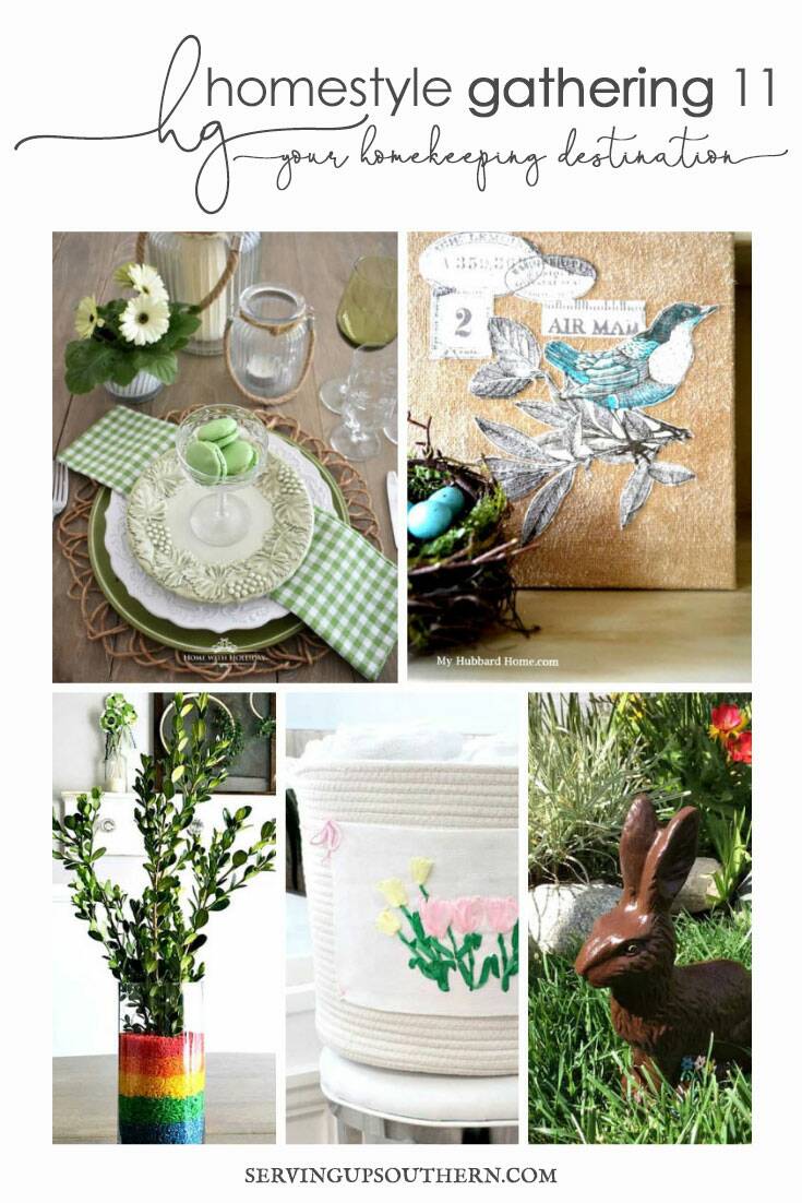 Collage of 5 images including a place setting, spring basket, wall art, chocolate bunny, vase with greenery.