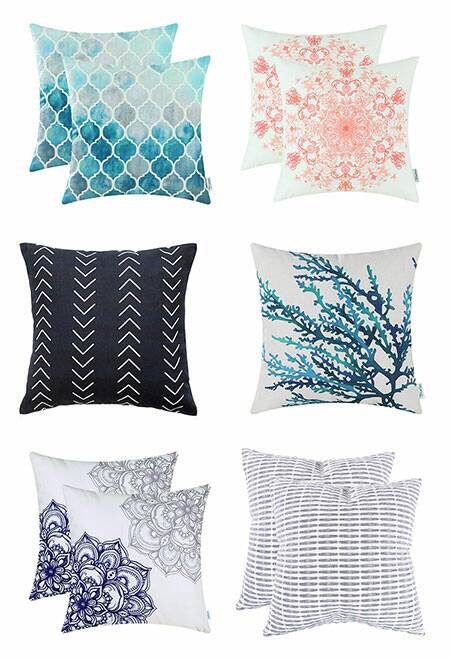 Six throw pillows on a white background.