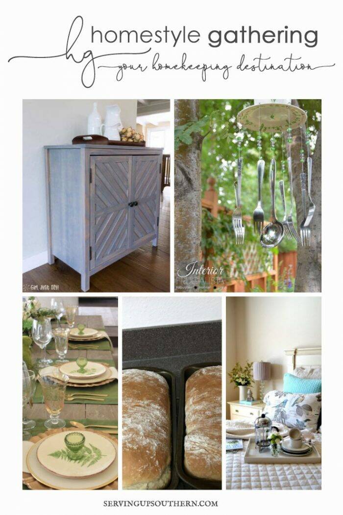 Pinterest collage of cabinet, whimsical wind chime, table setting, bedroom decor and homemade bread.