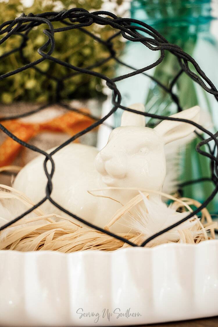 Close-up of bunny on a bed of straw under a wire cloche on a metal tray