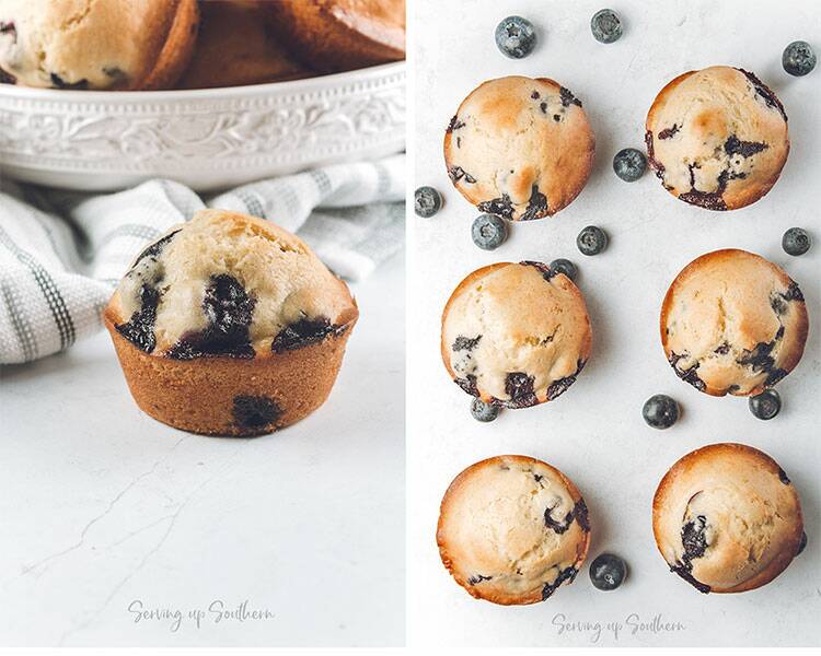 A two image collage of fresh baked blueberry muffins.