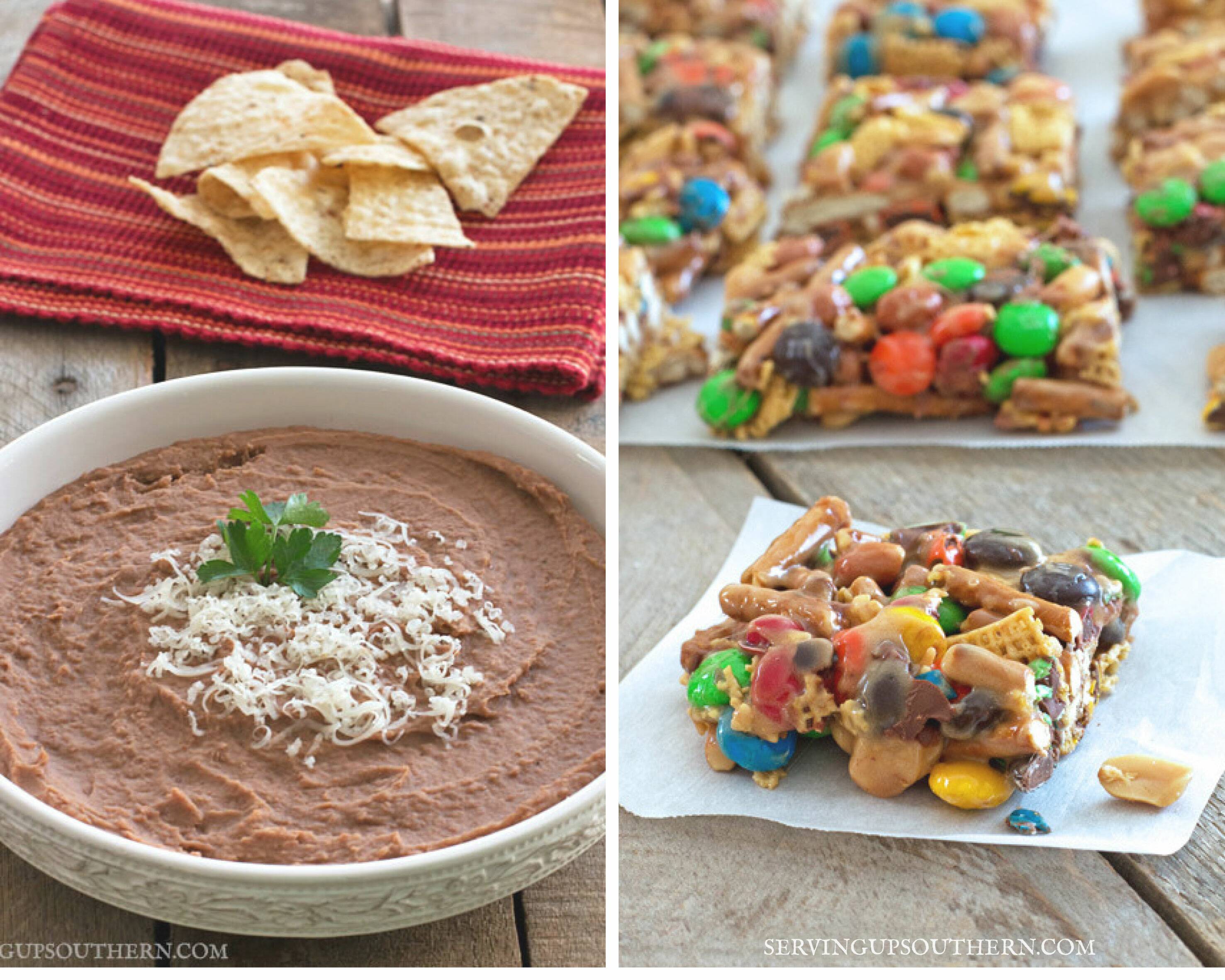 Two picture collage - one of refried beans and one of snack mix squares.