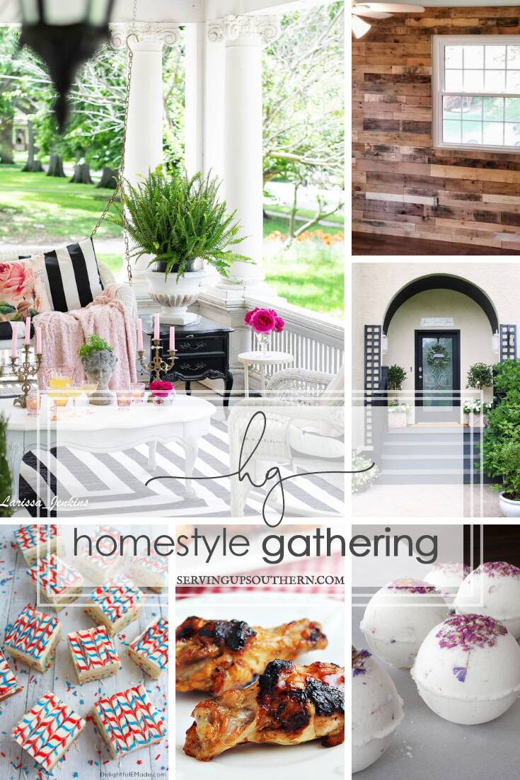 A six image collage of featured pictures from Homestyle Gathering link party.