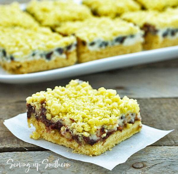 Chocolate Chip Cream Cheese Bar on a wooden board