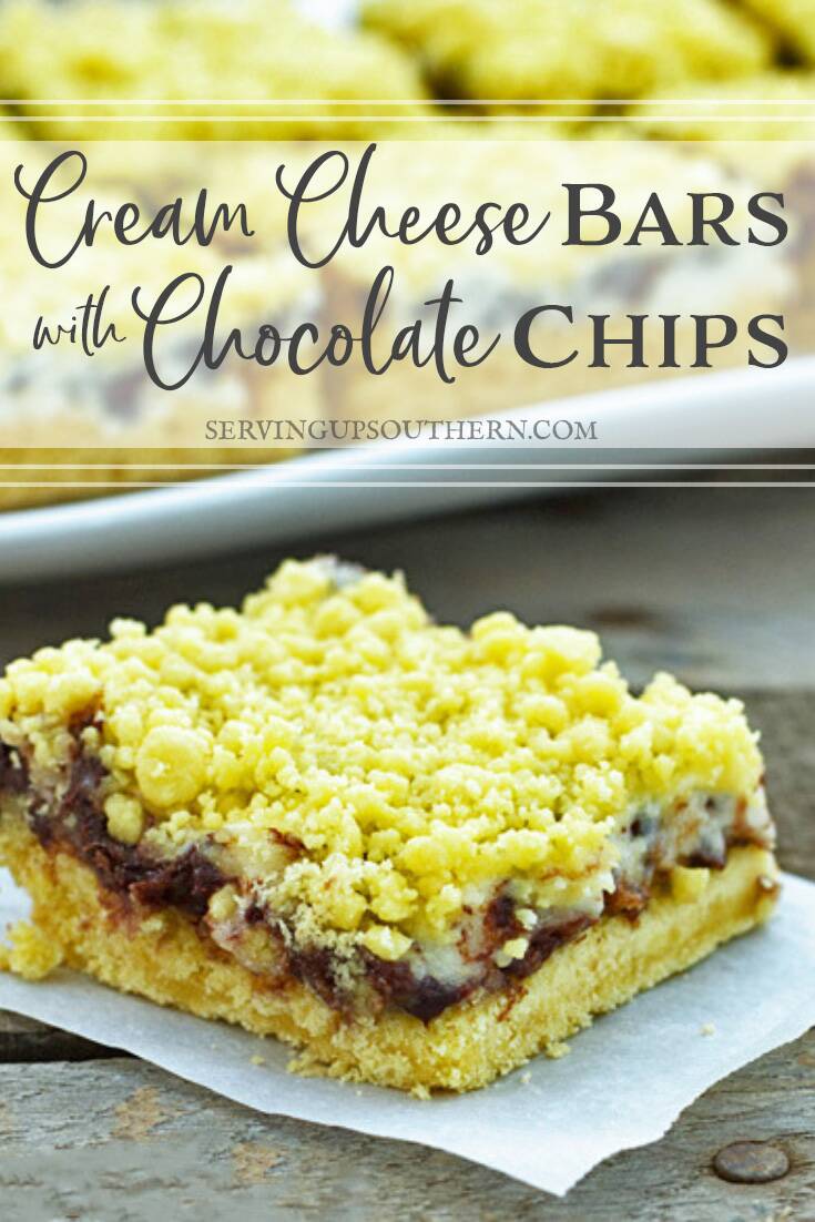 Pinterest graphic of Chocolate Chip Cream Cheese Bar on a wooden board