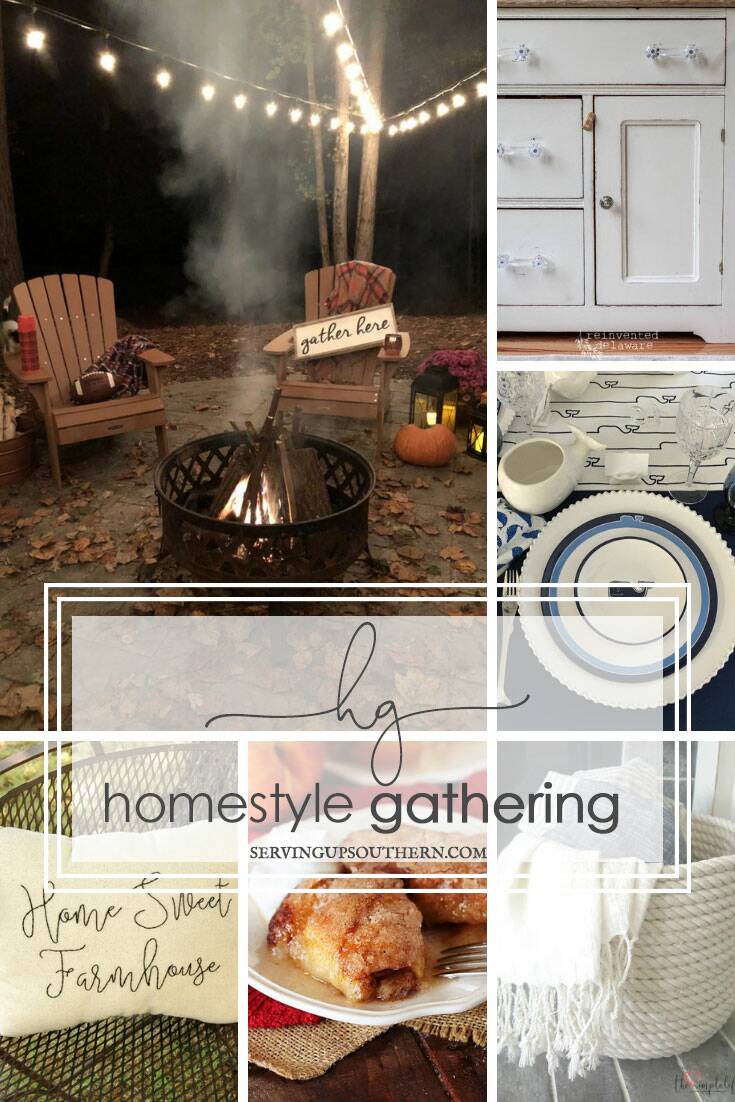 Collage with 6 pictures of features for Homestyle Gathering link party.