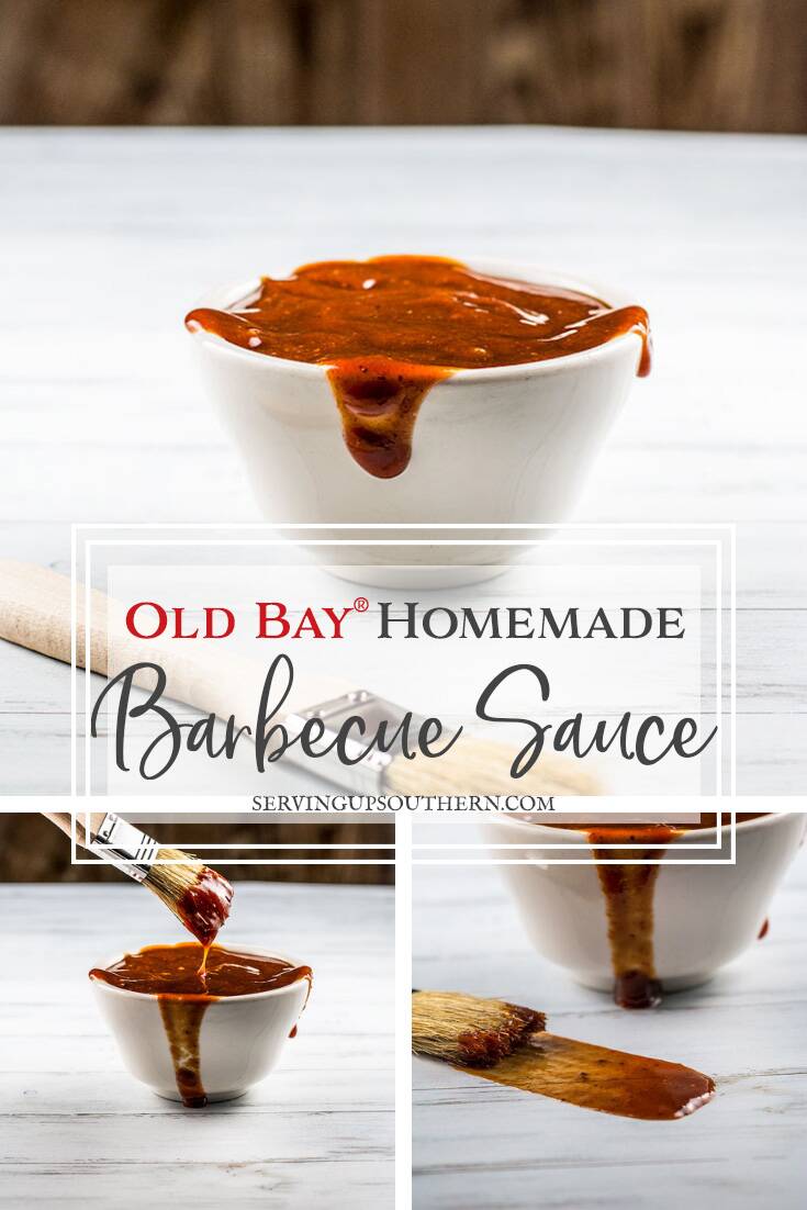 Collage of three pictures featuring Old Bay® homemade barbecue sauce in a white bowl with a basting brush.