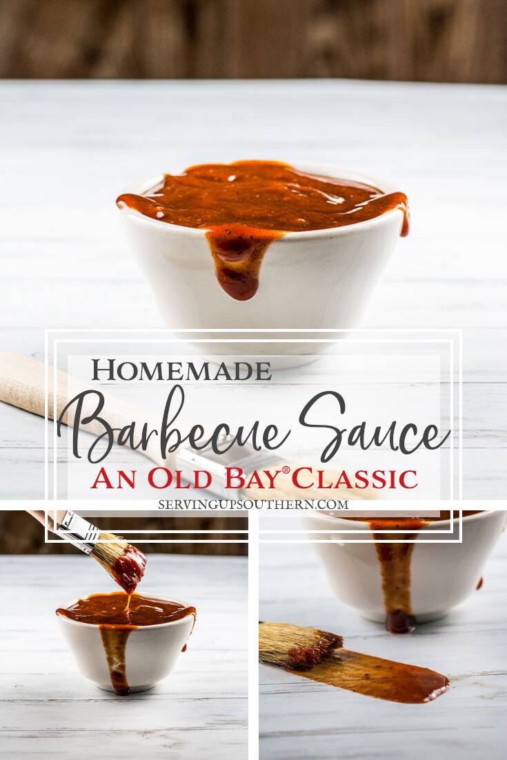 Collage of three pictures featuring Old Bay® homemade barbecue sauce in a white bowl with a basting brush.