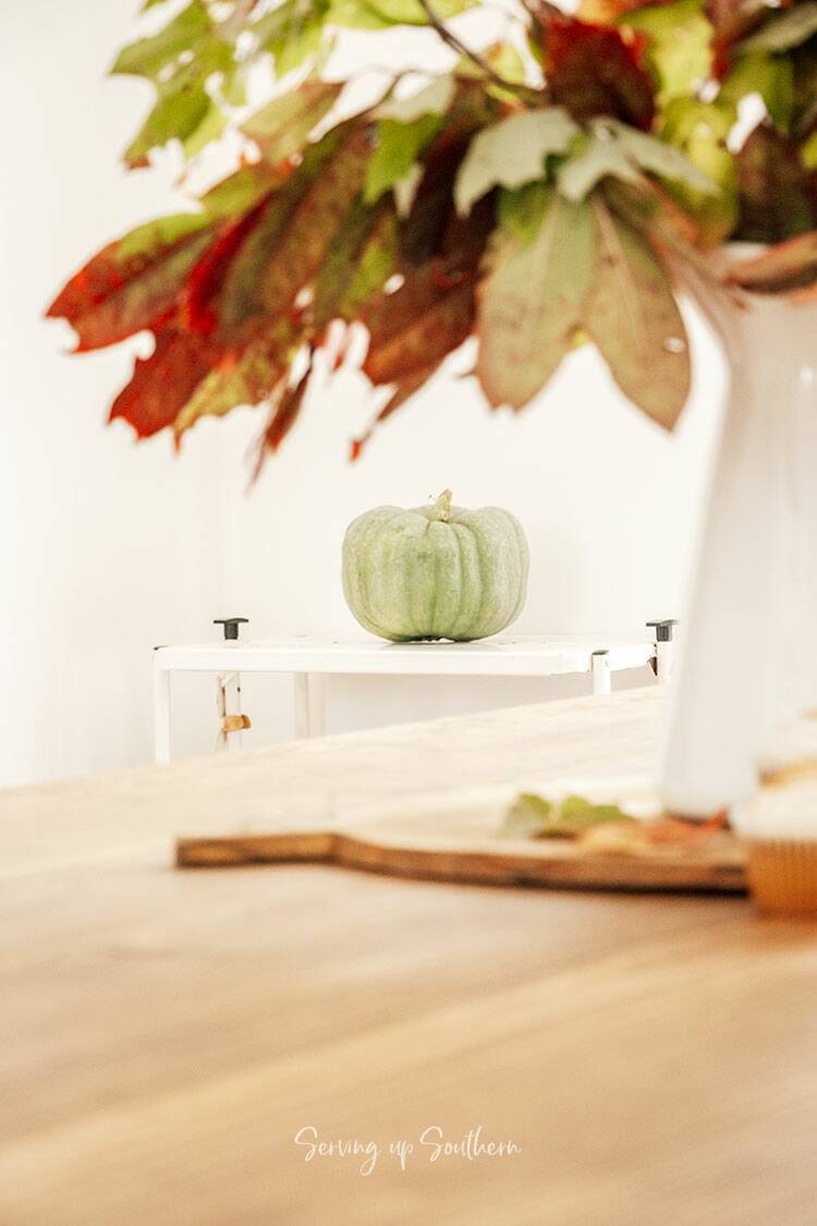 Fall foliage on a dining table with focus on a pumpkin in the background.