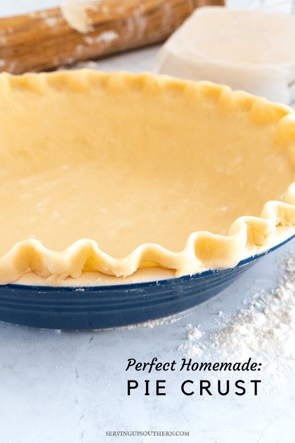 Pinterest graphic of homemade pie crust dough in a pie plate