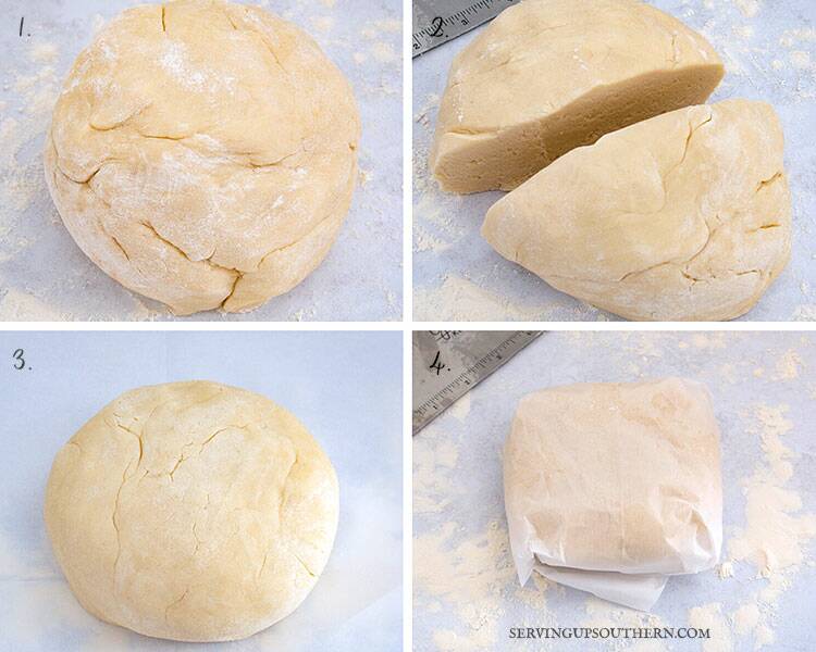 Four picture collage showing steps in making homemade pie crust