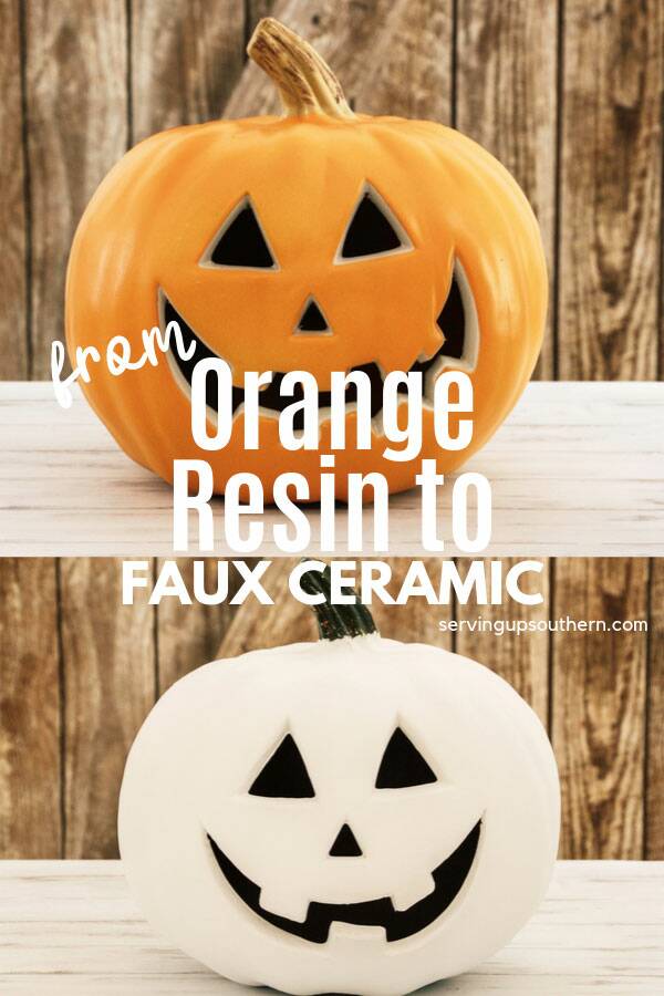Pinterest graphic of an orange resin pumpkin and one that has been painted white. 
