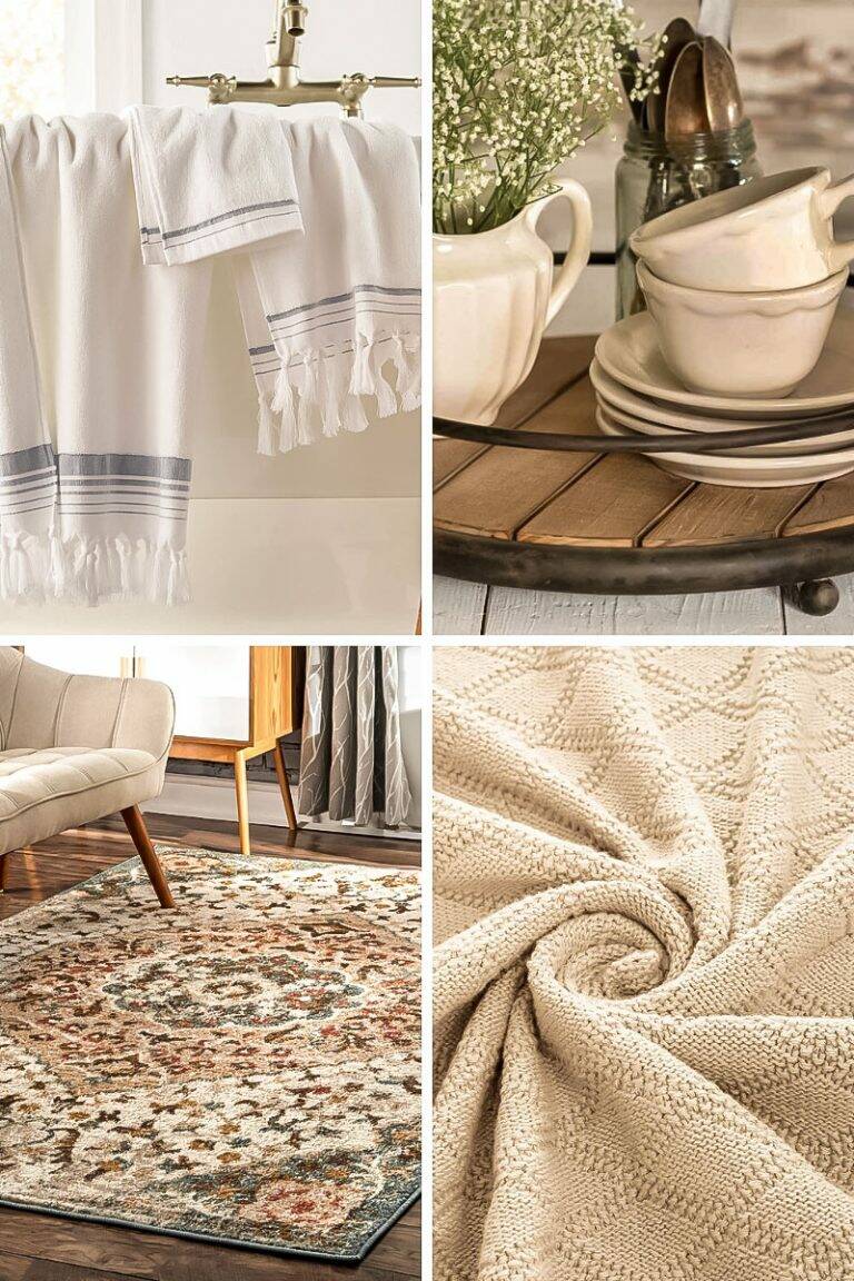 Picture collage of bath towels, cotton throw, wooden tray, and a vintage rug.