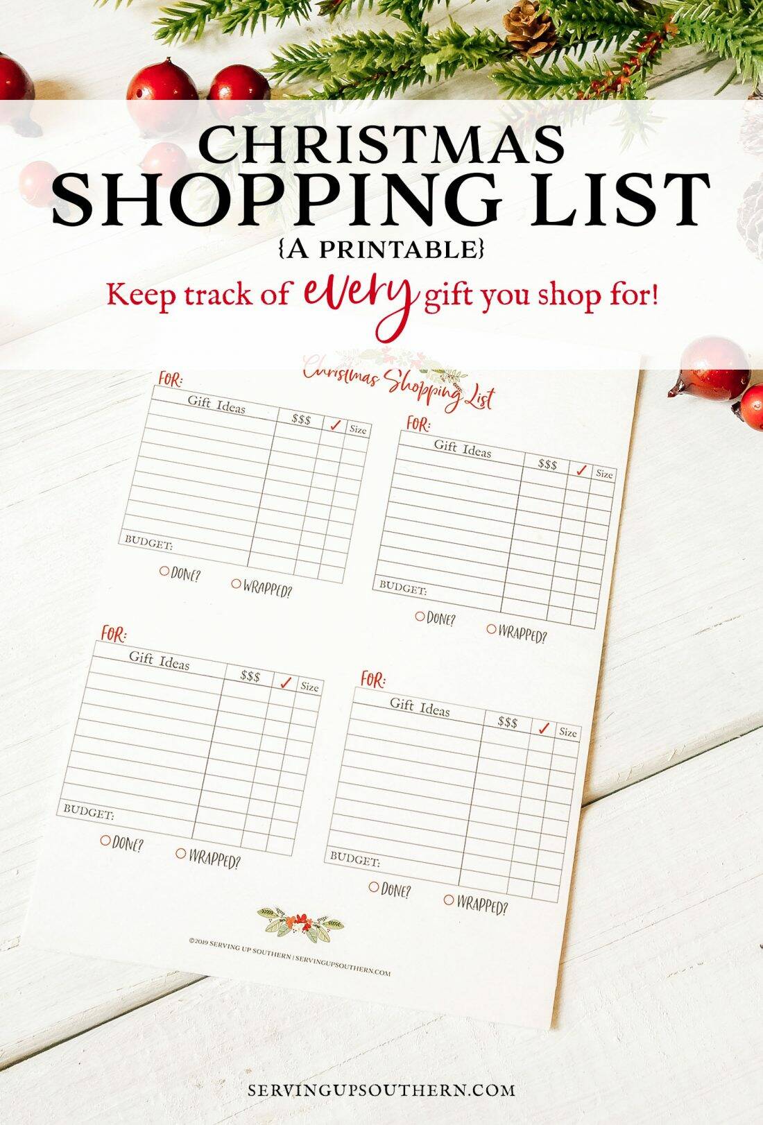 Pinterest graphic of a printable shopping list on a white wooden board with greenery and cranberries.