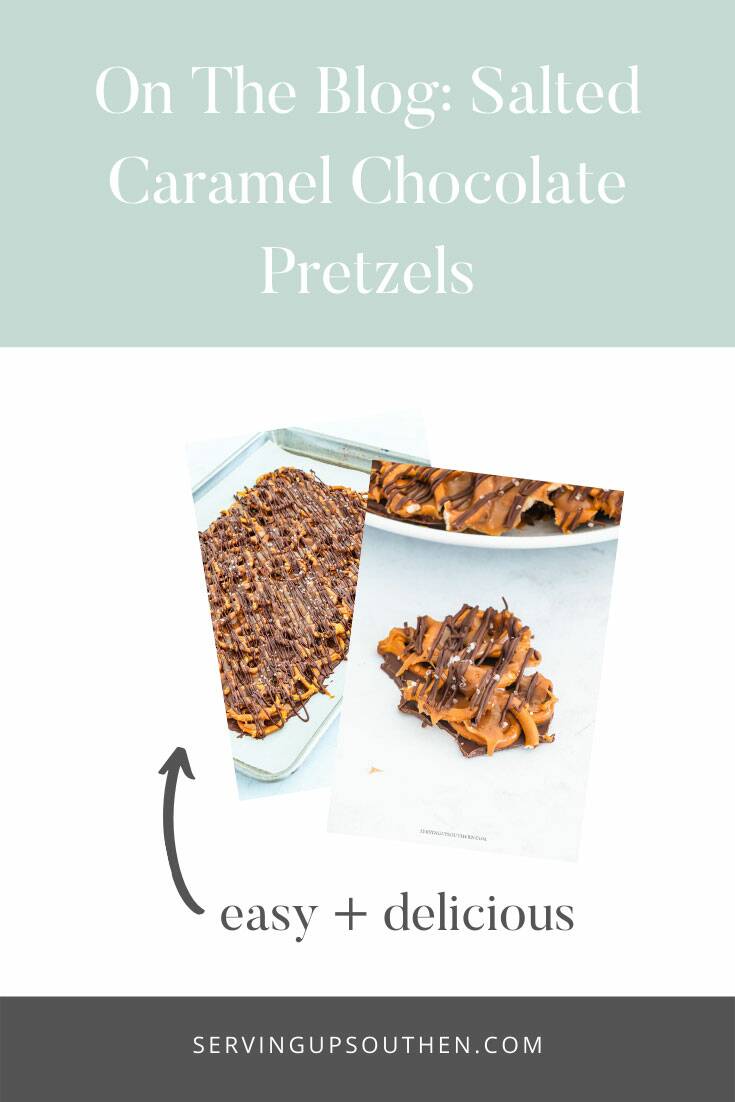 Pinterest graphic of salted caramel chocolate pretzels.