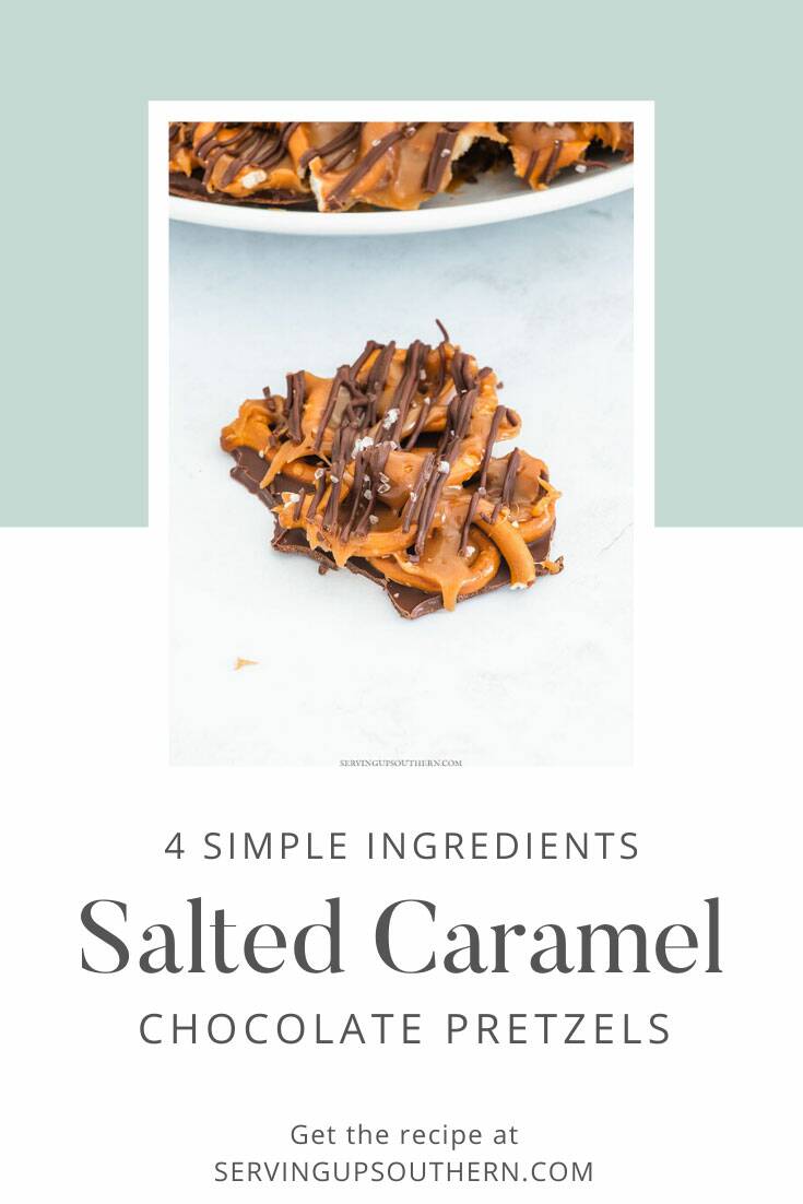 Pinterest graphic of salted caramel chocolate pretzels on a marble surface.