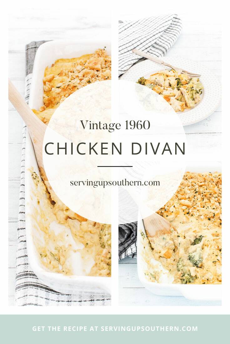 Three image collage Pinterest graphic of Chicken Divan in a casserole dish and on a plate.