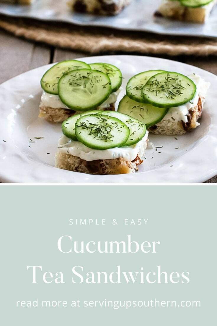 Pinterest graphic of cucumber tea sandwiches on a white plate.