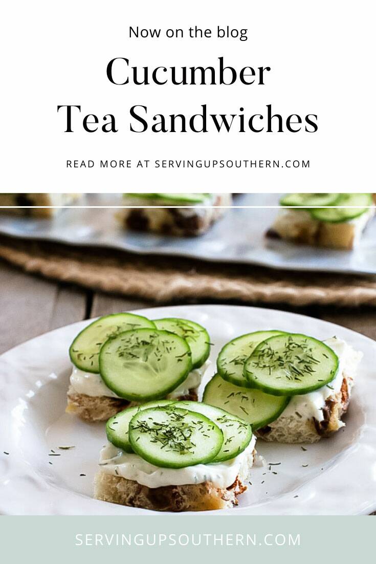 Pinterest graphic of cucumber tea sandwiches on a white plate.