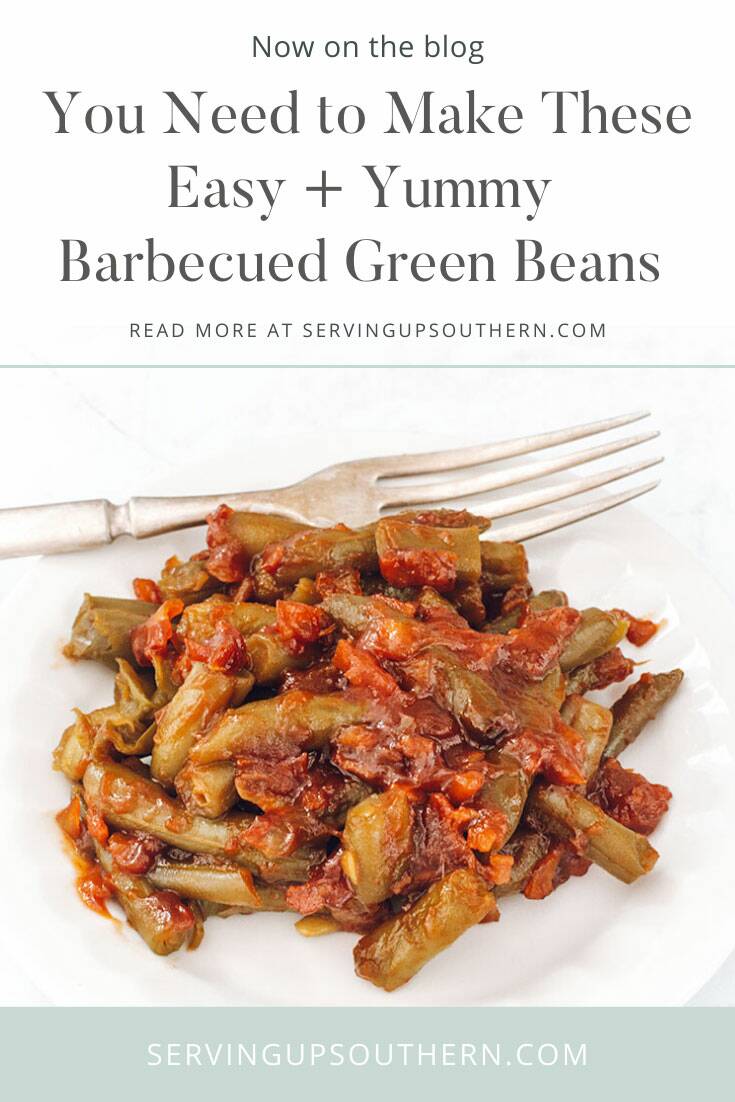 A Pinterest graphic of barbecued green beans on a white plate with a silver plated fork.