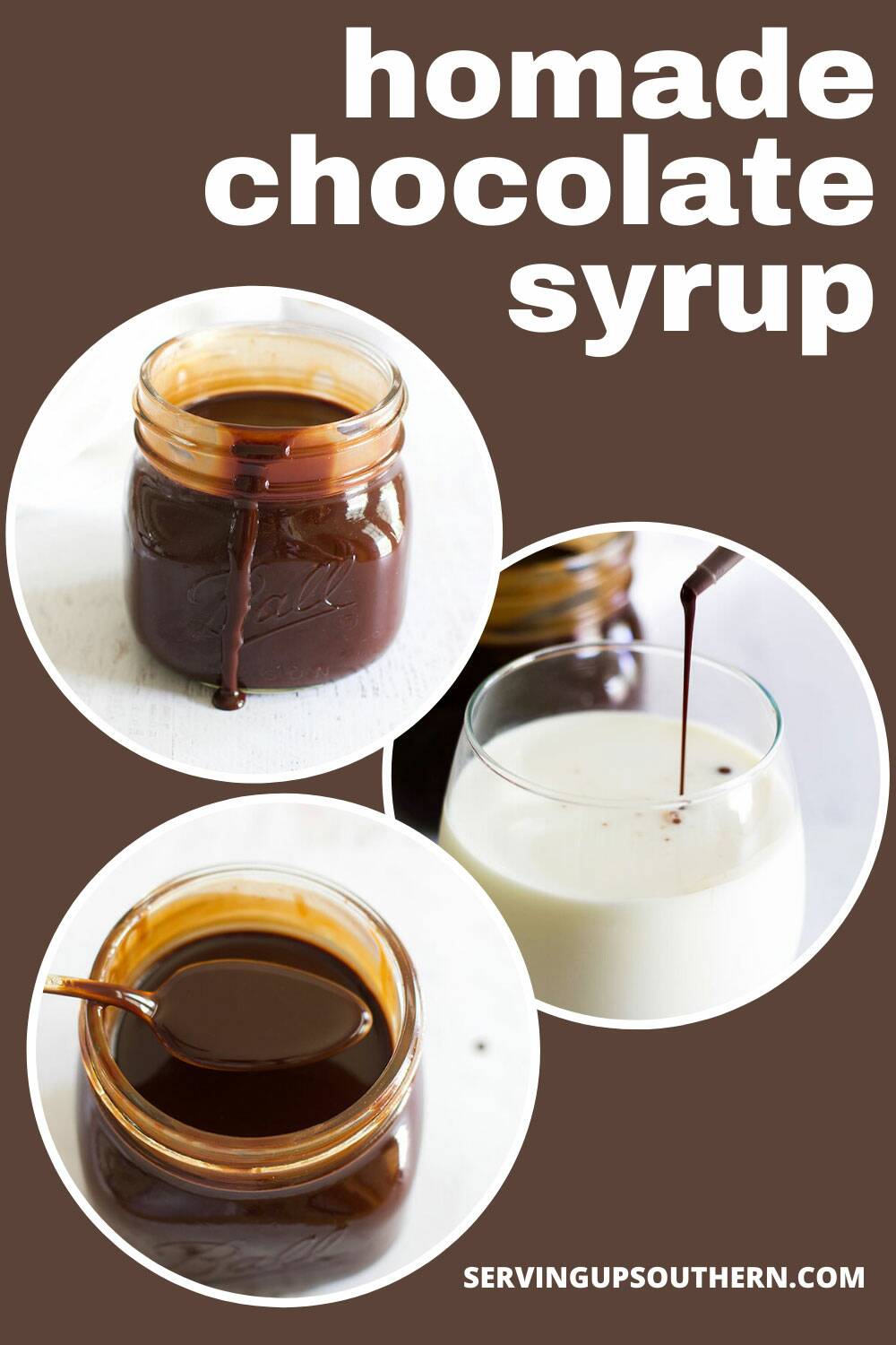 Pinterest graphic collage of 3 images of homemade chocolate syrup.