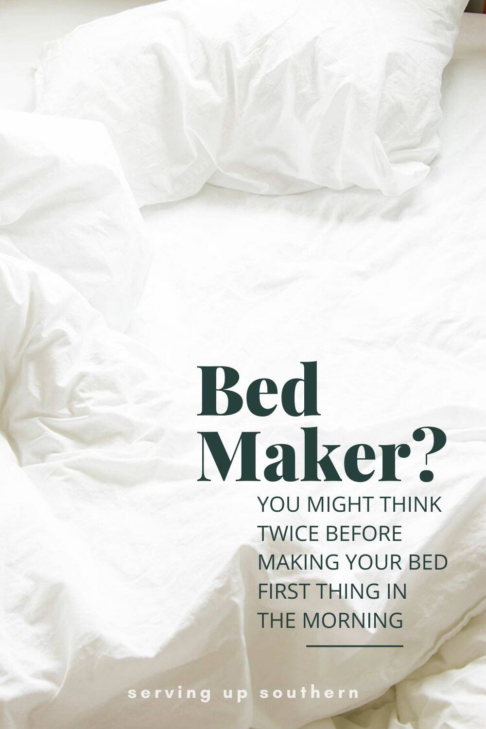 Pinterest graphic of an unmade bed with the covers strewn about.