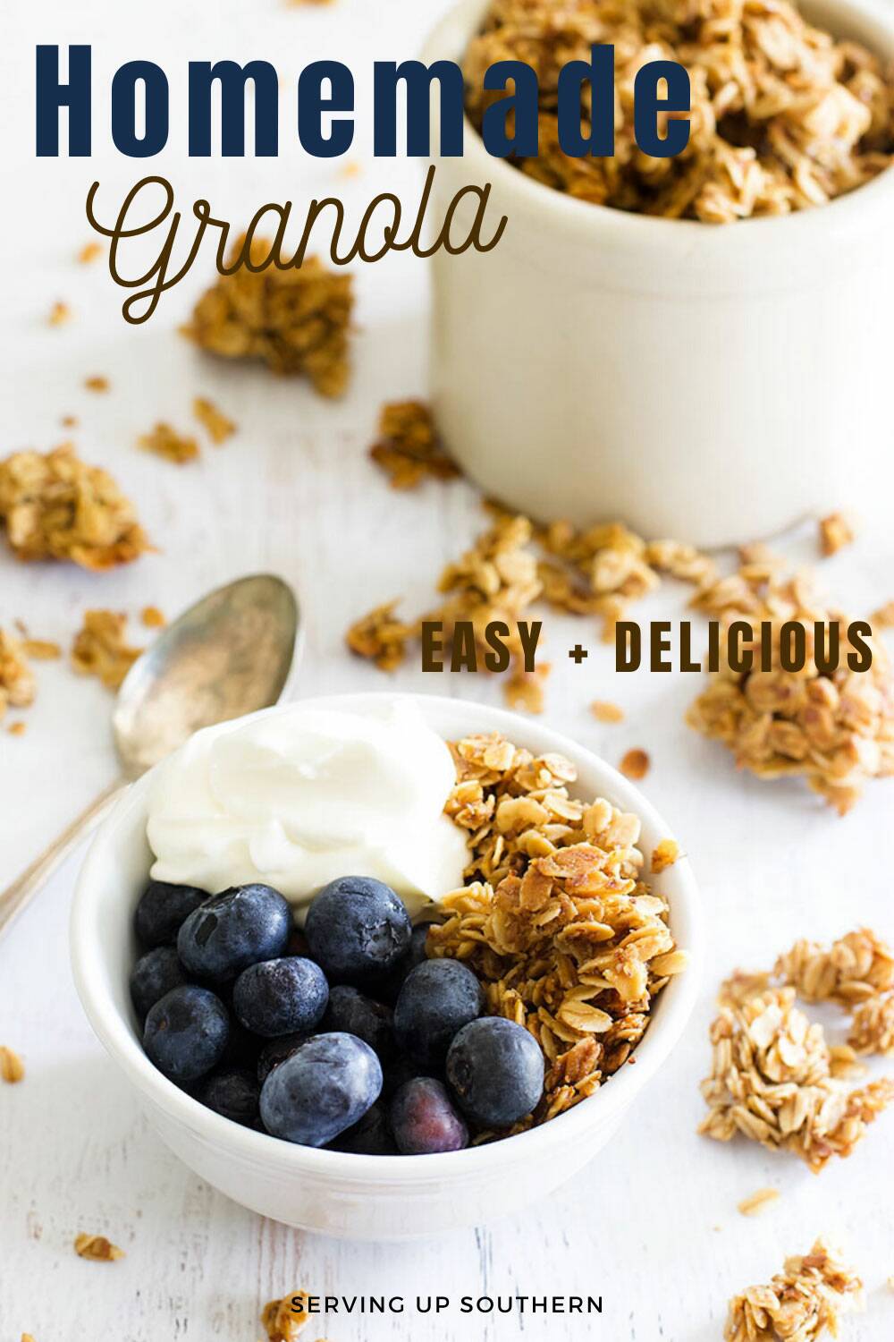 Pinterest graphic of a bowl of homemade granola with geek yogurt and blueberries in a white bowl with a spoon.