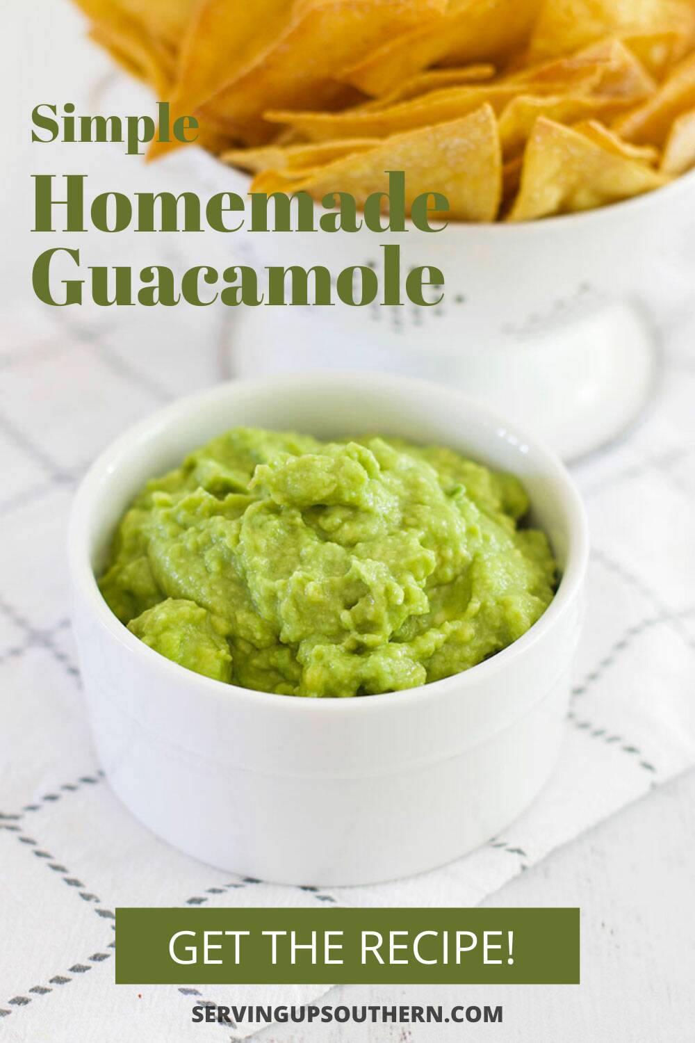 A Pinterest graphic of a guacamole and chips. 